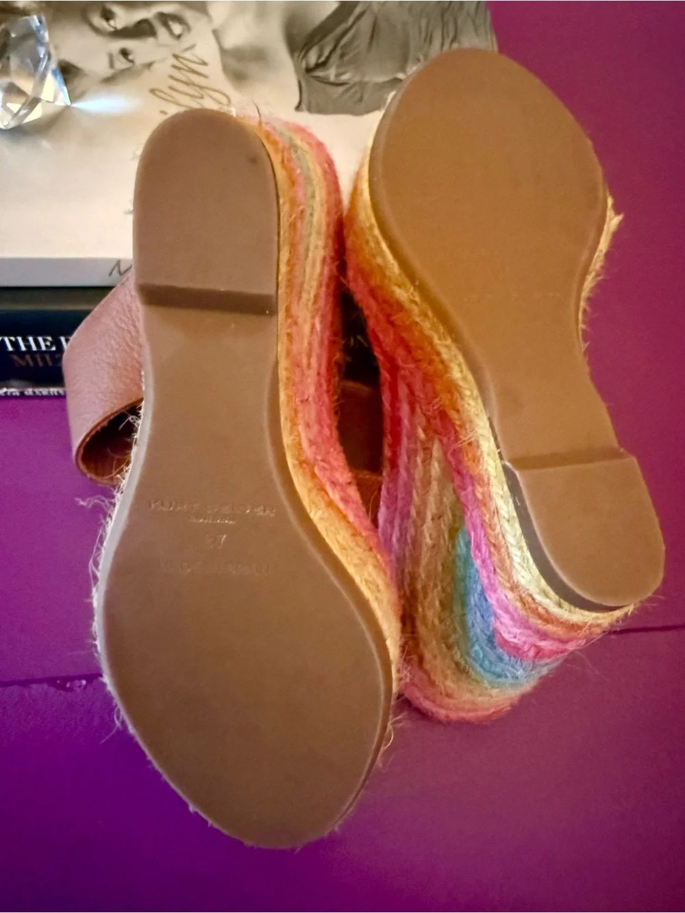 Kurt Geiger Brown Leather Multicolor Espadrille Wedge Sandals